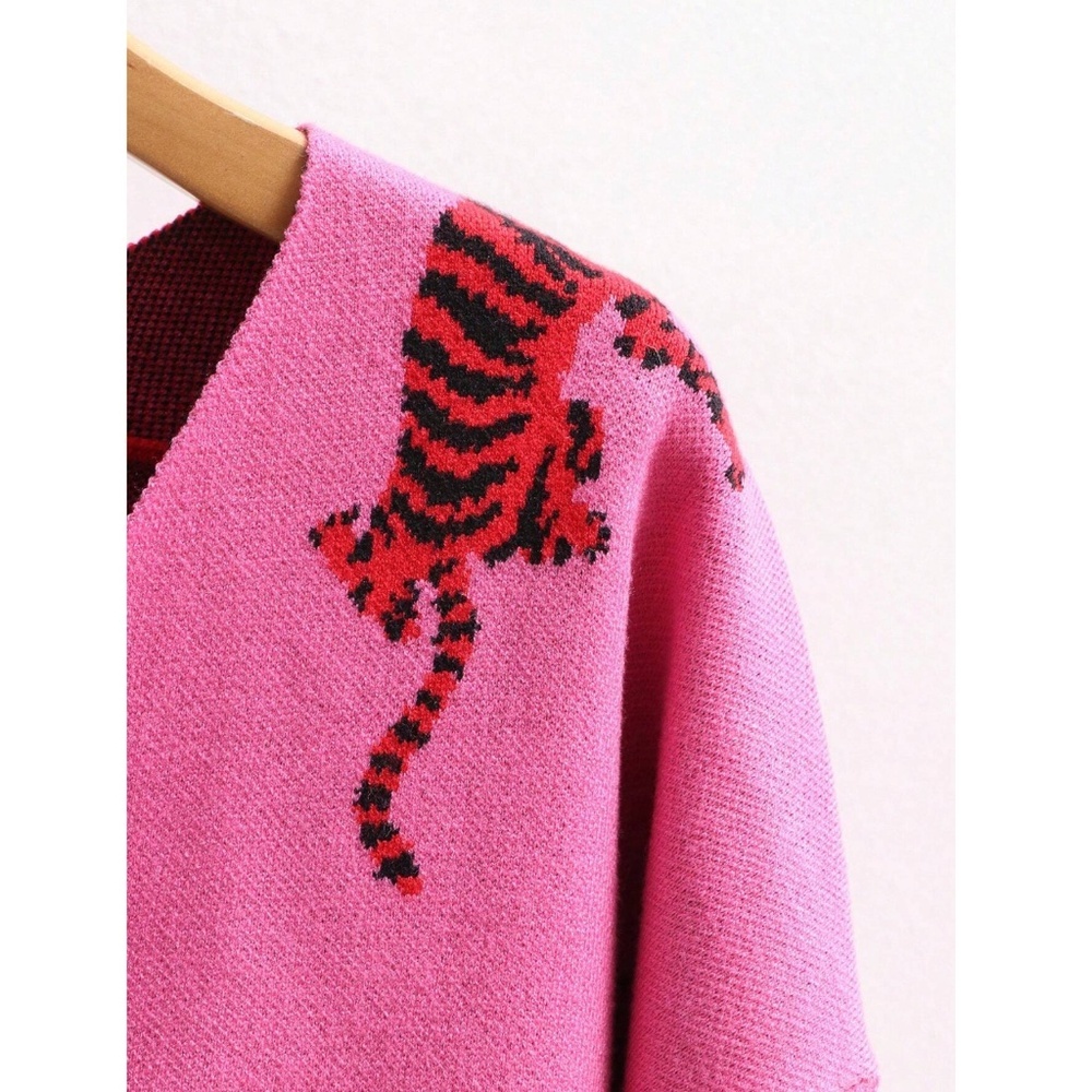 Red Pink Animal Print Button Down V-Neck Knit Cardigan - Picture 4 of 8